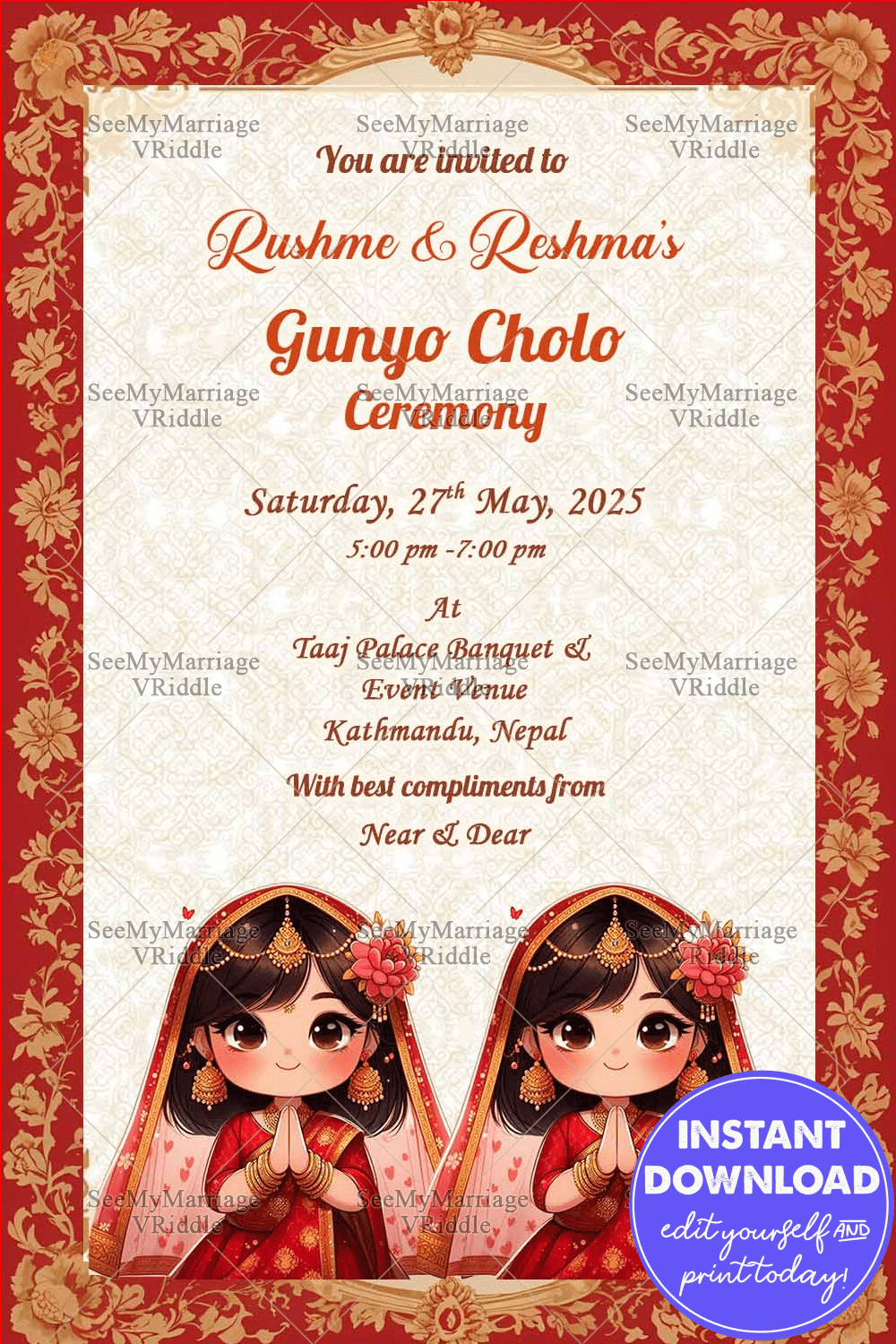 Nepali Traditional Red Theme Invitation for Gunyo Cholo Ceremony Twin Sisters with Cute Girl Illustrations