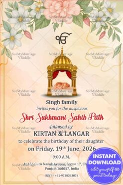 Palki Sukhmani Sahib Path Invitation for Daughter's Birthday with Digital Sikh Invitations, Punjabi Invites, Pastel Floral Paath Invitations, Invite Templates