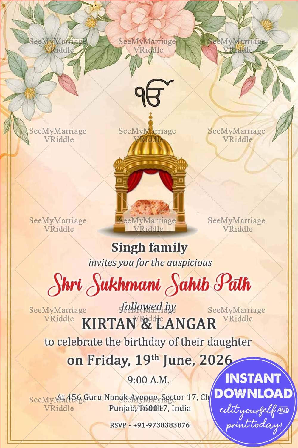 Palki Sukhmani Sahib Path Invitation for Daughter's Birthday with Digital Sikh Invitations, Punjabi Invites, Pastel Floral Paath Invitations, Invite Templates