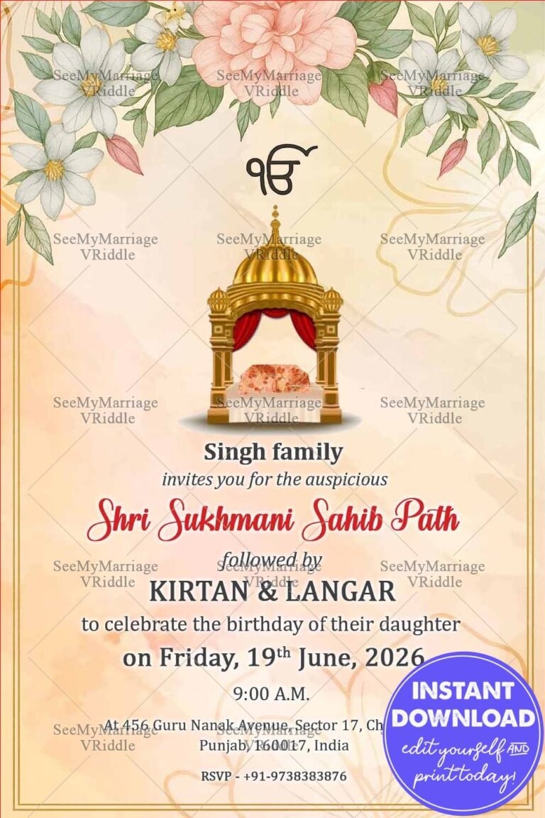 Palki Sukhmani Sahib Path Invitation for Daughter's Birthday with Digital Sikh Invitations, Punjabi Invites, Pastel Floral Paath Invitations, Invite Templates