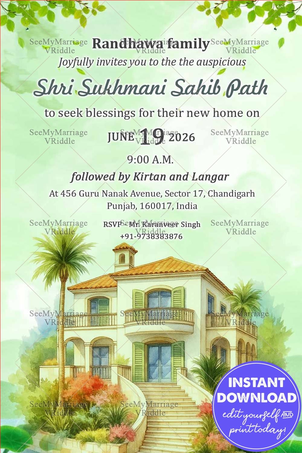 Green Theme Villa Shri Sukhmani Sahib Path Invitation for Housewarming Ceremony with Sikh and Punjabi New House Invitation
