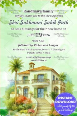 Green Theme Villa Shri Sukhmani Sahib Path Invitation for Housewarming Ceremony with Sikh and Punjabi New House Invitation
