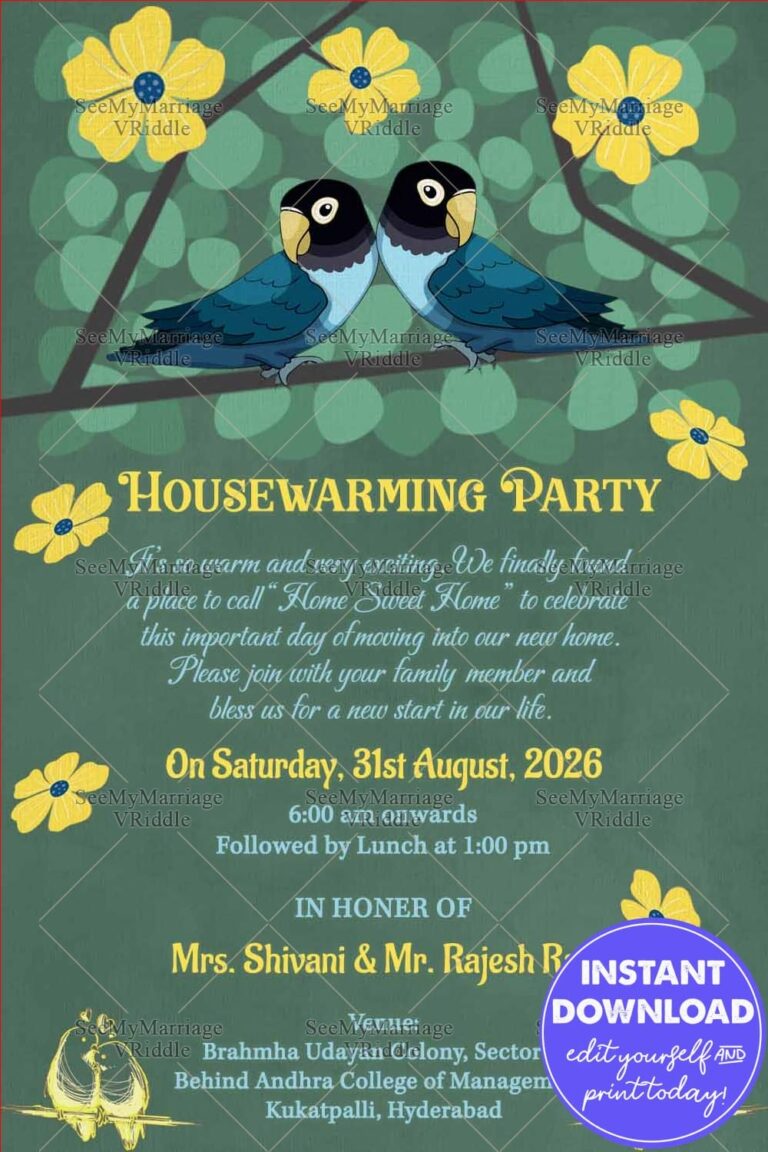 Parrot Pair Housewarming Invitation Card with Floral Design, Elegant Script and Event Details
