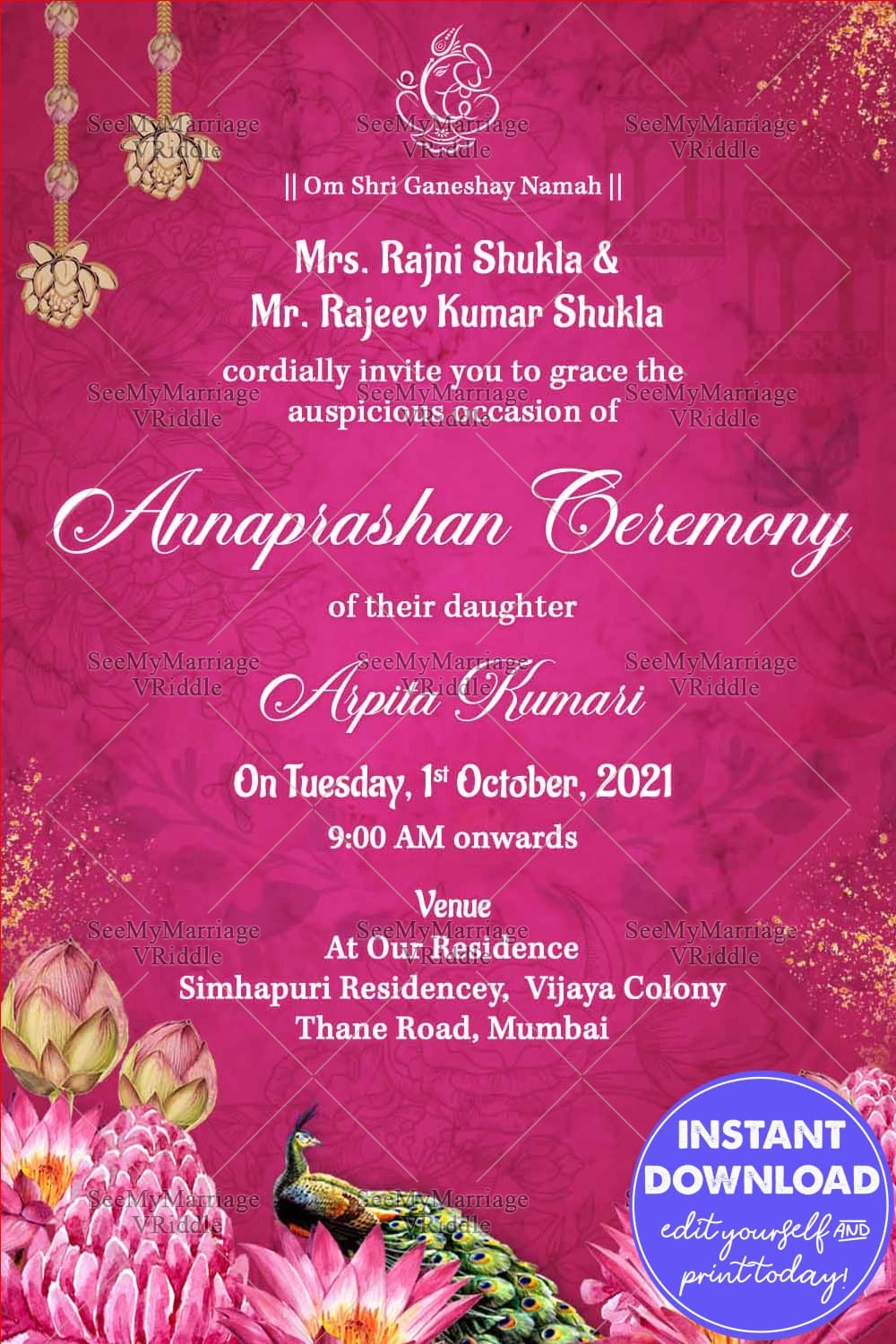 Pink Theme Annaprashan Ceremony Invitation Card with Peacock, Lotus and Ganesha Motif