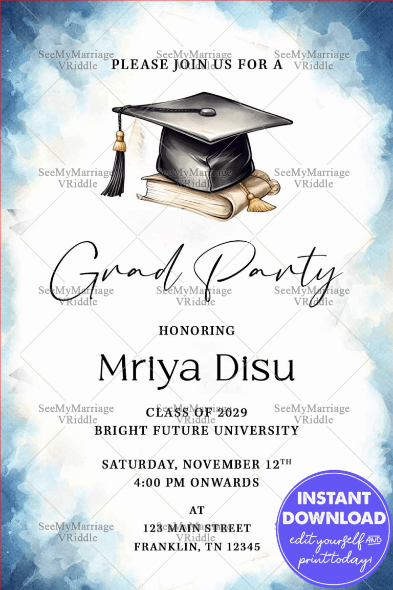 Watercolor Blue Graduation Party Invitation with Graduation Cap Illustration in White BG