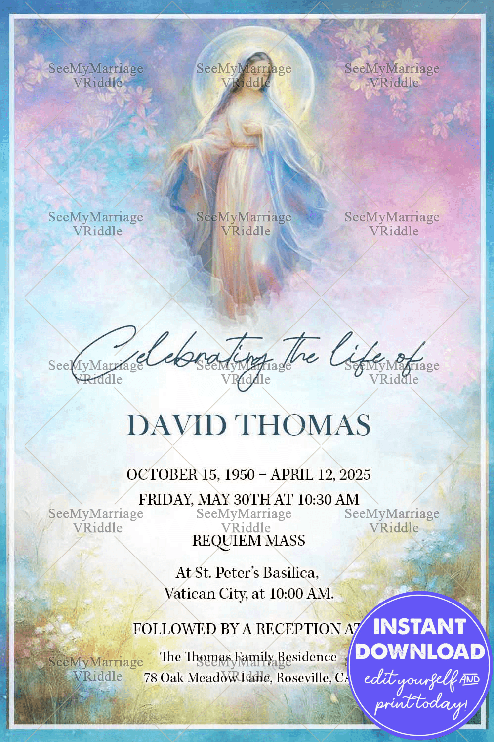 Catholic Funeral Virgin Mary Jesus Funeral Prayer Memorial Card In Loving Memory of a Blessed Soul