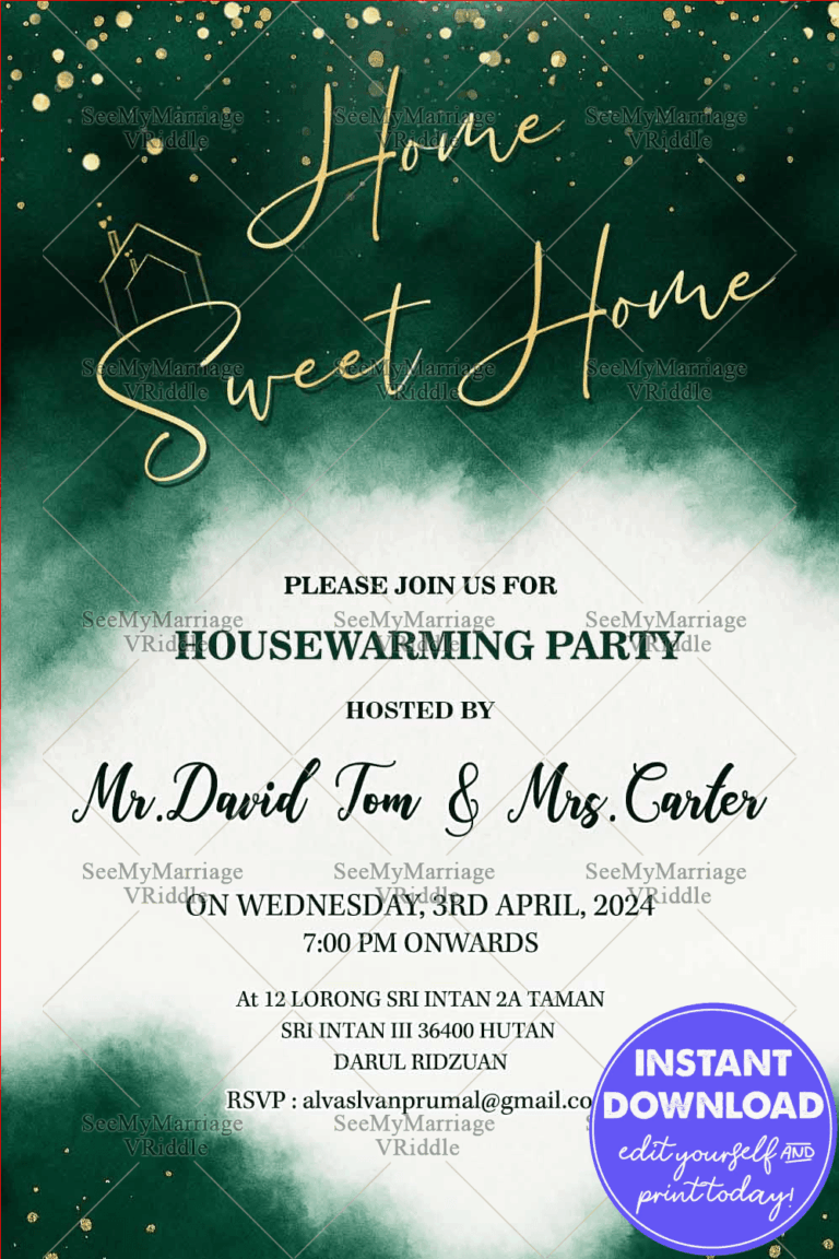 Green Watercolor Housewarming Party Invitation Elegant Splash Theme with Gold Glitter Accents