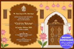 Traditional Griha Pravesh Invitation Cream Background with Lotus and Wooden Door Design