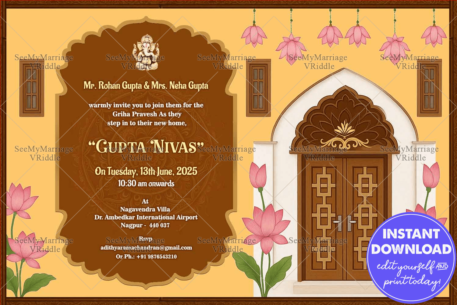 Traditional Griha Pravesh Invitation Cream Background with Lotus and Wooden Door Design