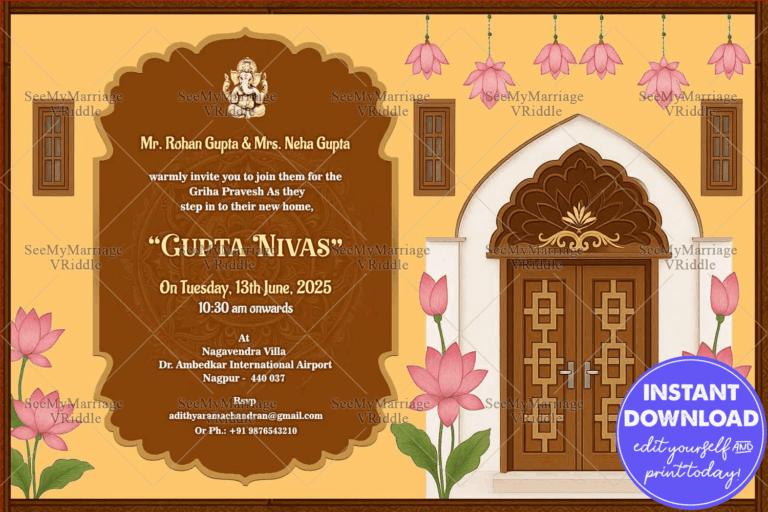 Traditional Griha Pravesh Invitation Cream Background with Lotus and Wooden Door Design