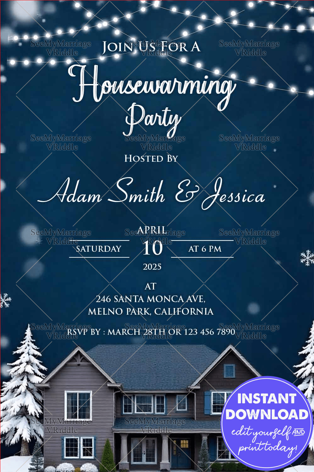 Winter Night Snow Themed Housewarming Party Invitation Western Style with Cozy Blue Charm