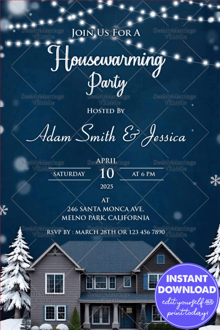 Winter Night Snow Themed Housewarming Party Invitation Western Style with Cozy Blue Charm
