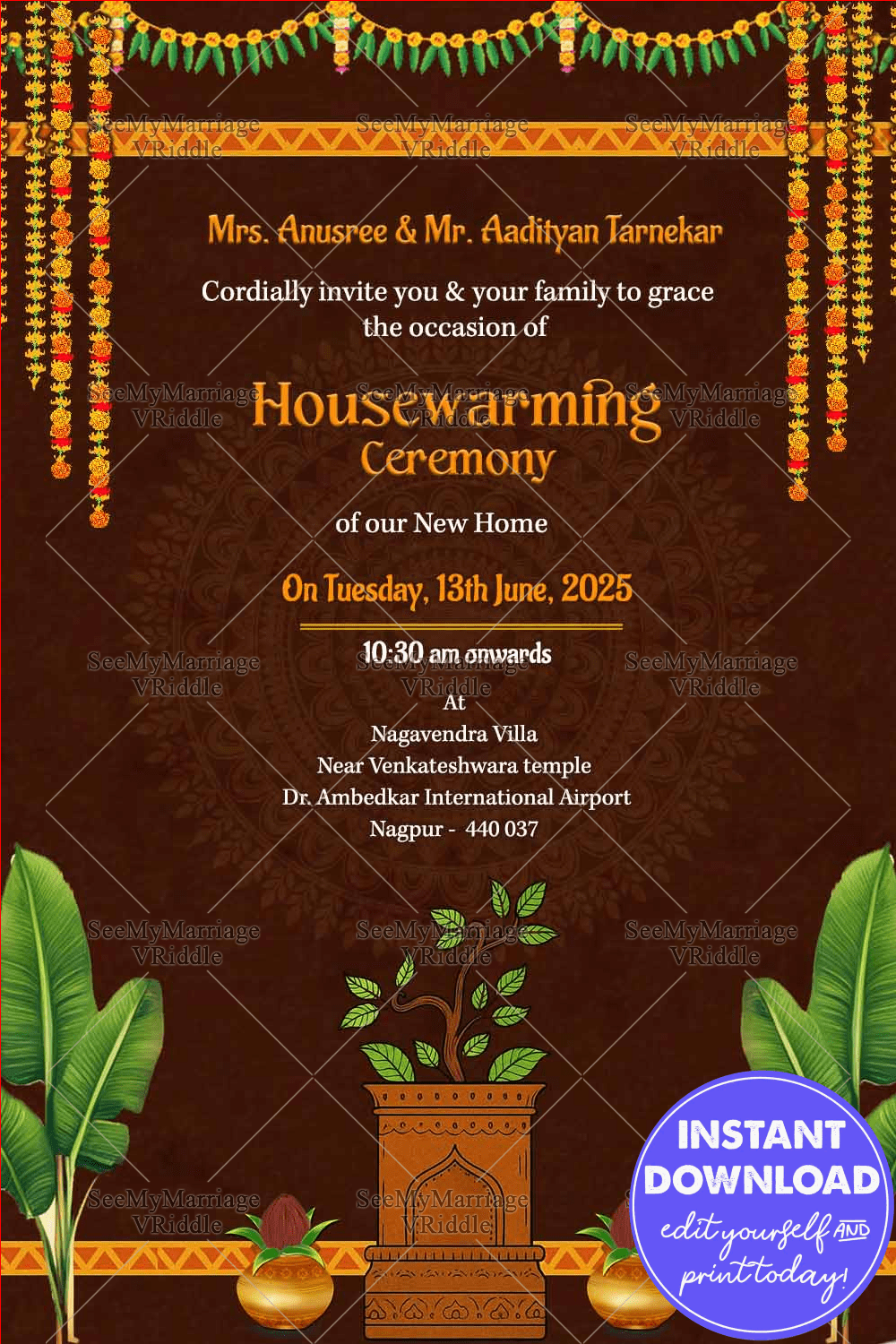 Traditional Brown Theme Housewarming Invitation Marigold Garlands and Banana Leaves