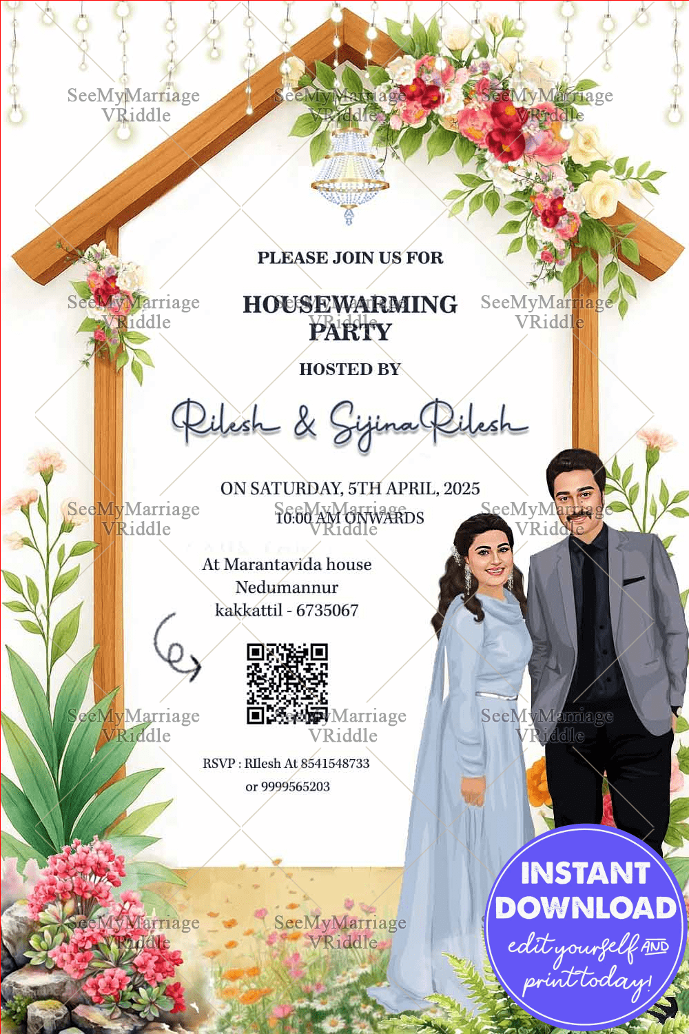 Charming Couple Caricature Housewarming Invite Wooden House Frame with Floral Accents