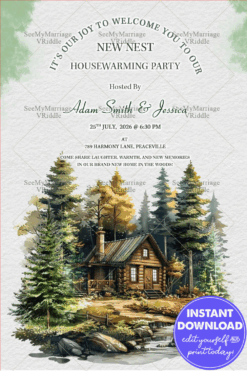 Watercolour Cozy Cabin Housewarming Party Invitation Card with Dreamy Woodland Nest