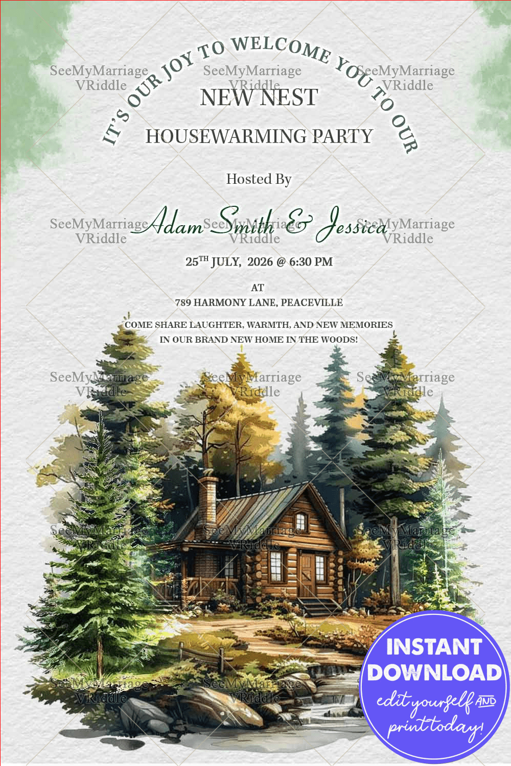 Watercolour Cozy Cabin Housewarming Party Invitation Card with Dreamy Woodland Nest