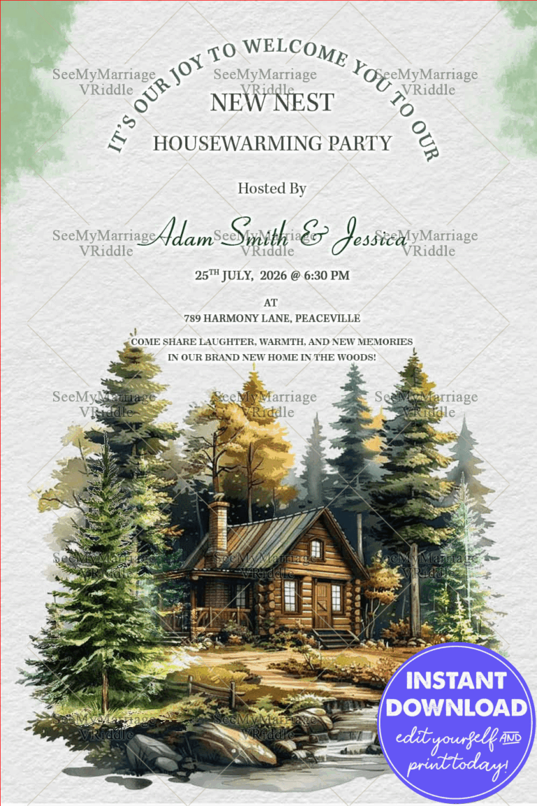 Watercolour Cozy Cabin Housewarming Party Invitation Card with Dreamy Woodland Nest