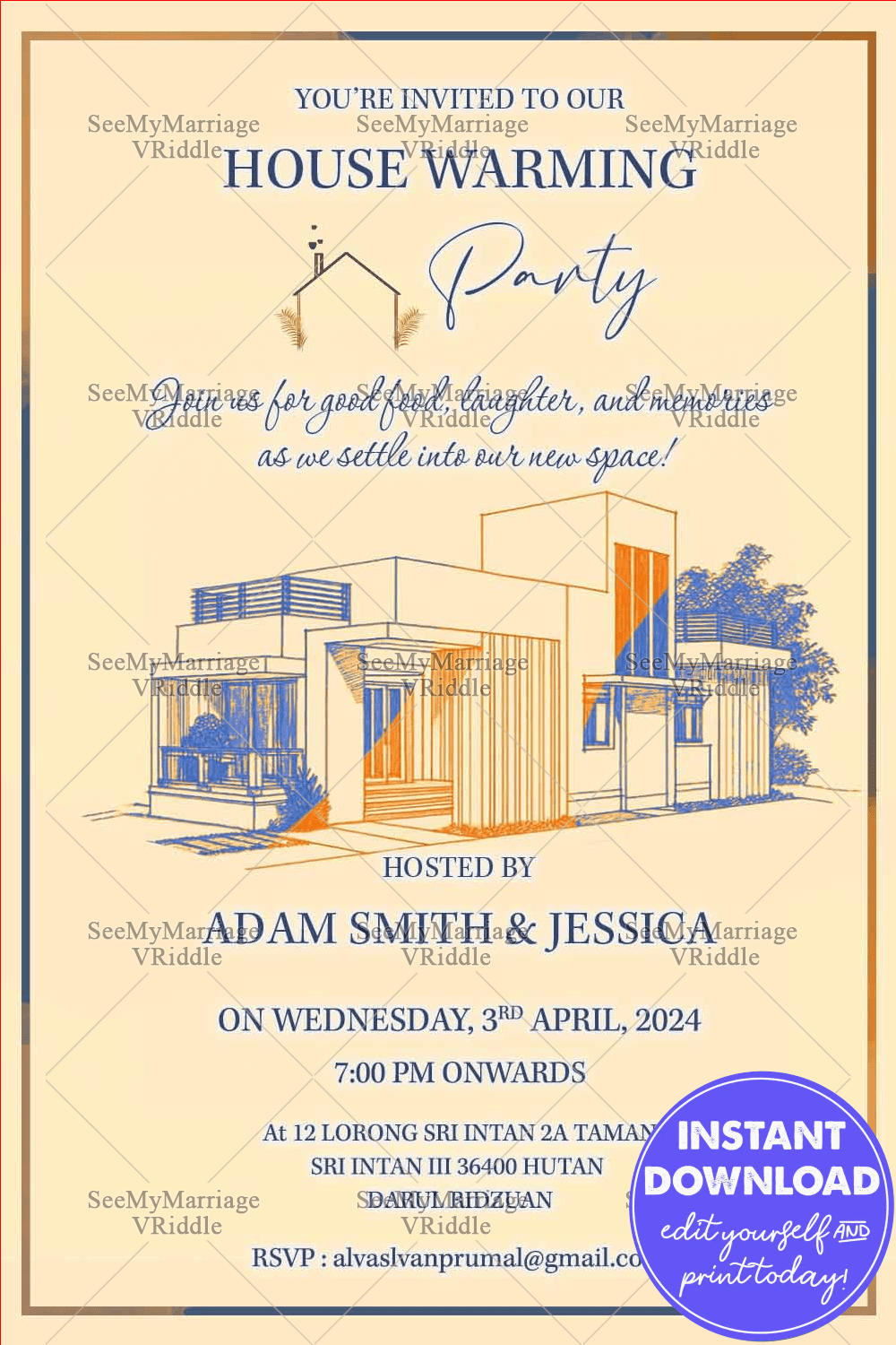 Modern Line Art Housewarming Invitation Featuring Cream Background with Blue and Orange Architectural Sketch