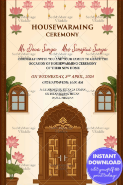 Traditional Housewarming Ceremony Featuring Lotus Accents and Carved Wooden Entrance