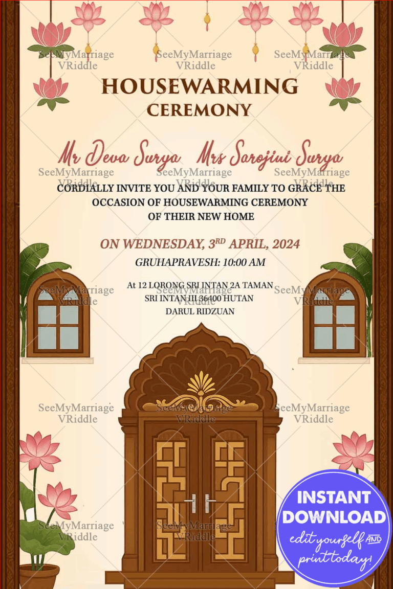 Traditional Housewarming Ceremony Featuring Lotus Accents and Carved Wooden Entrance