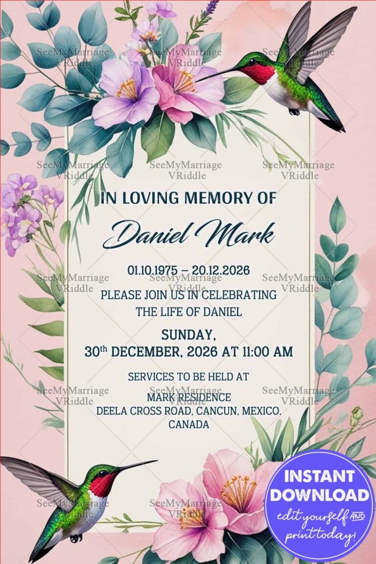 Humming Bird Blossom Memorial Invitation with Lily Theme Celebration of Life