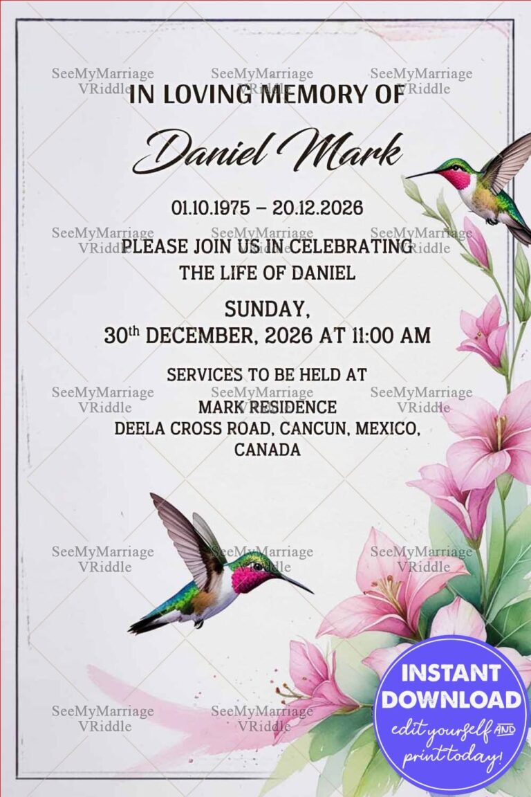 Humming Bird Tribute Memorial Invitation with Floral Celebration of Life Card