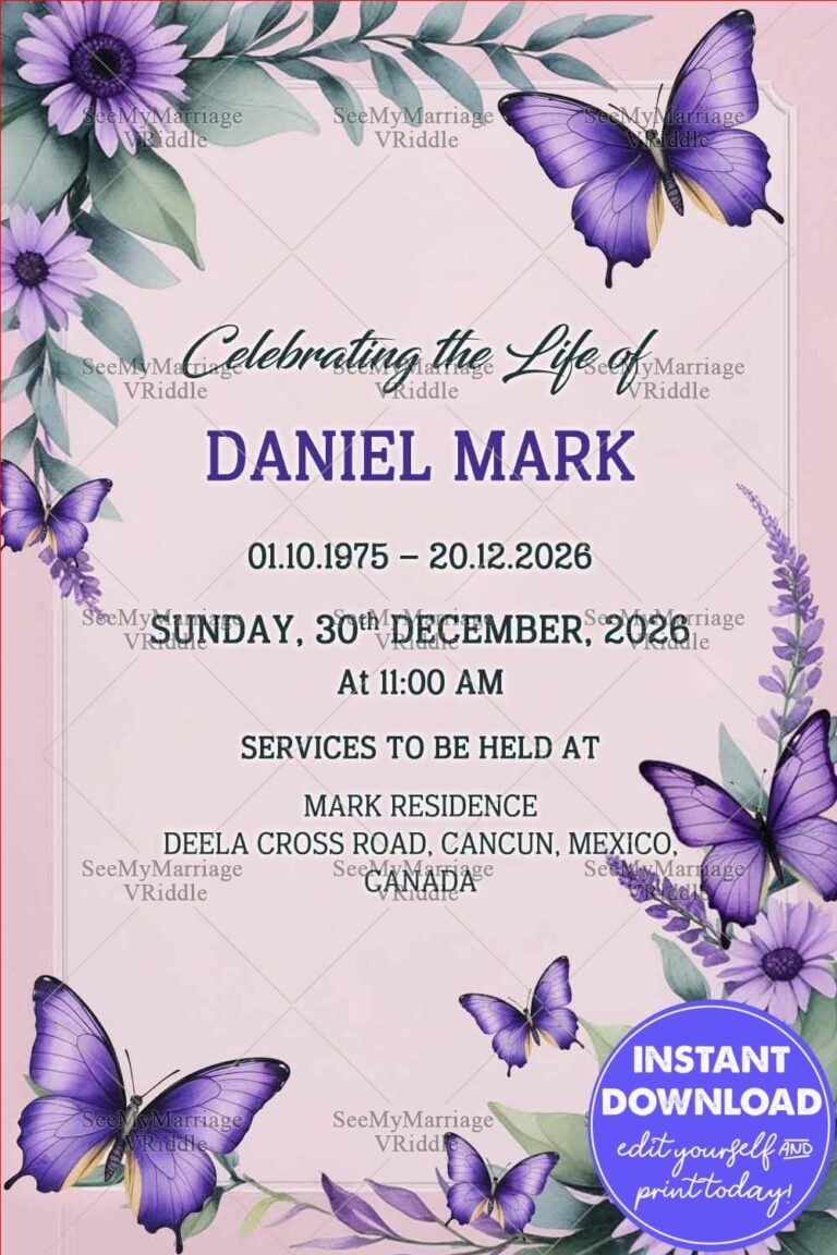 Purple Butterflies Funeral Announcement Card with Purple Flowers and Memorial Details