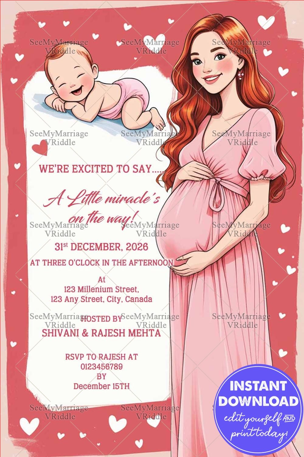 Baby Cartoon and Mom Pregnancy Announcement Card with Soft Pink Theme and White Hearts