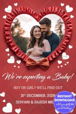 Heart Frame Pregnancy Announcement Card with Add Photo, Red Theme and White Hearts
