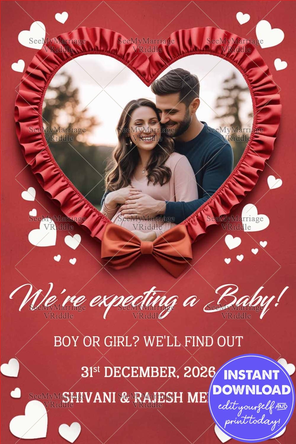 Heart Frame Pregnancy Announcement Card with Add Photo, Red Theme and White Hearts