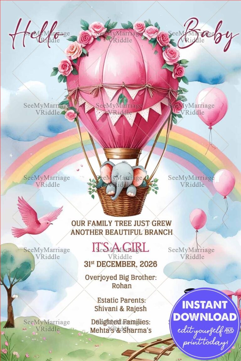 Hot Air Balloon Pregnancy Announcement Card with Rainbow, Elephant and Train