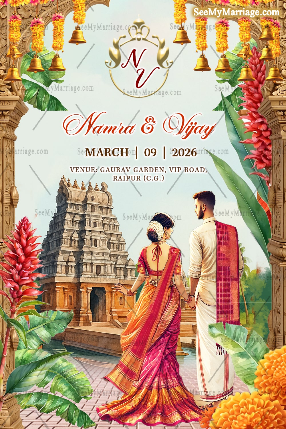 Royal South Indian Wedding Invitation Card Set with Event, Bride-Groom Illustrations & Floral Decor