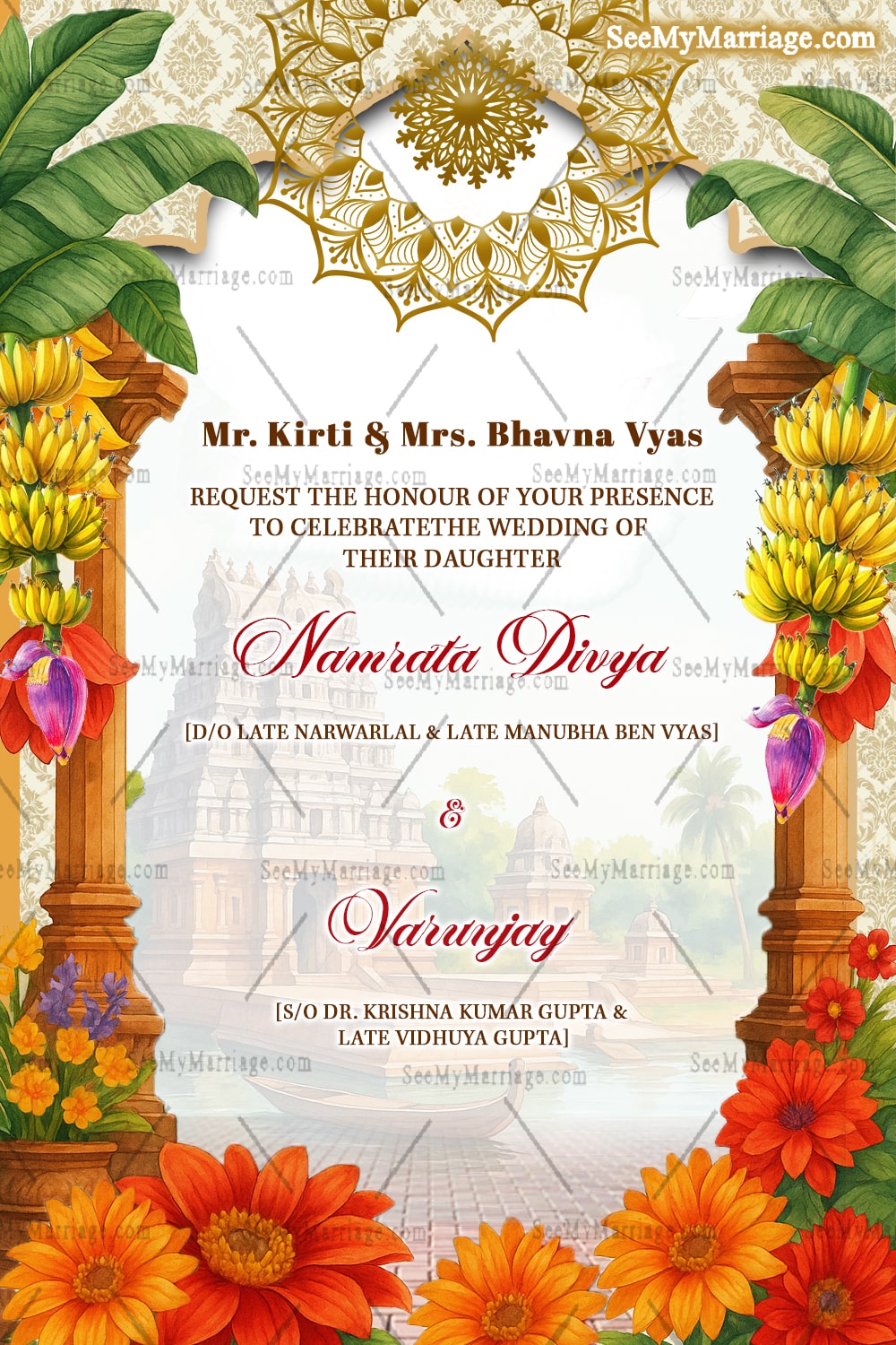 Royal South Indian Wedding Invitation Card Set with Event, Bride-Groom Illustrations & Floral Decor