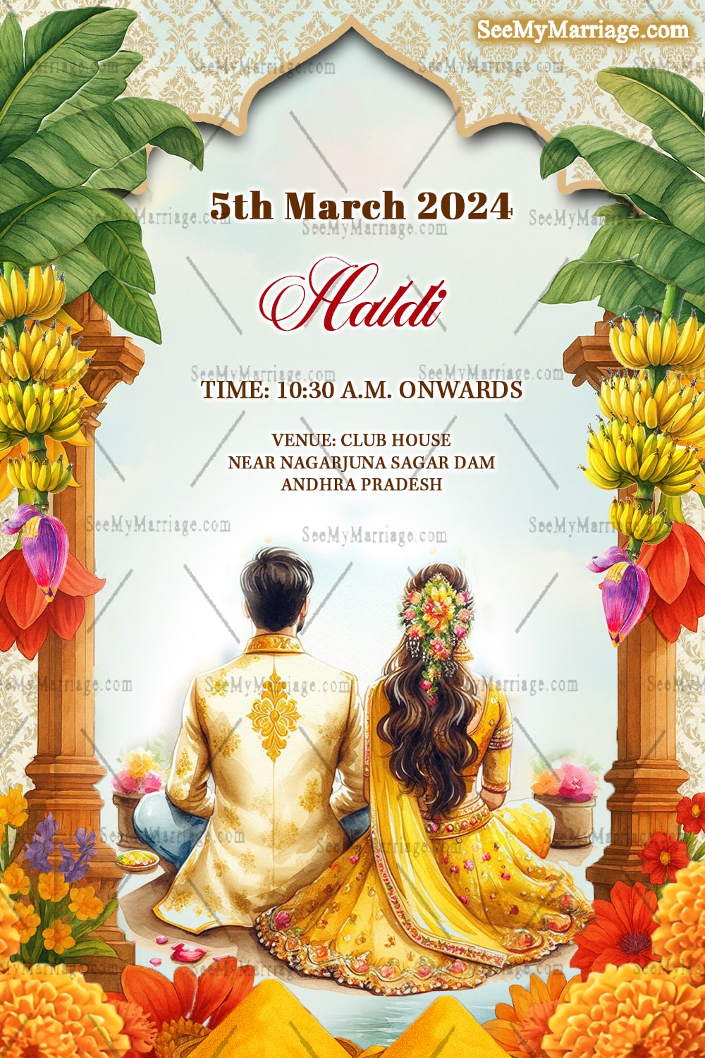 Royal South Indian Wedding Invitation Card Set with Event, Bride-Groom Illustrations & Floral Decor