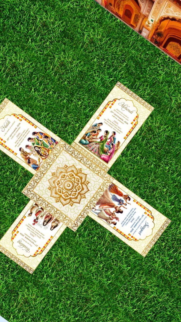3D and Flip Theme Wedding Invitation Video with Four-Fold Cross Pattern and Haldi, Mehendi, Sangeet, Reception
