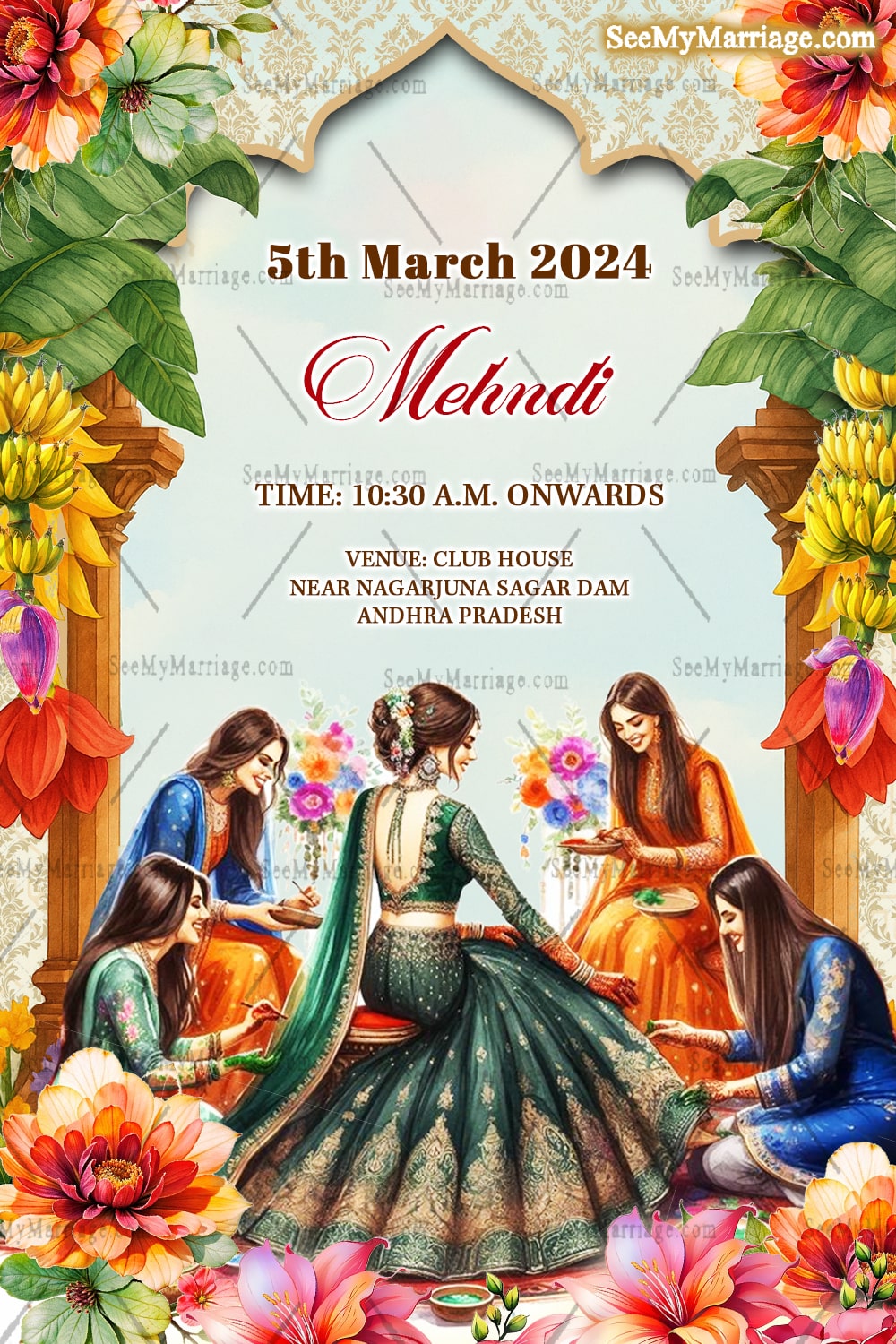 Royal South Indian Wedding Invitation Card Set with Event, Bride-Groom Illustrations & Floral Decor