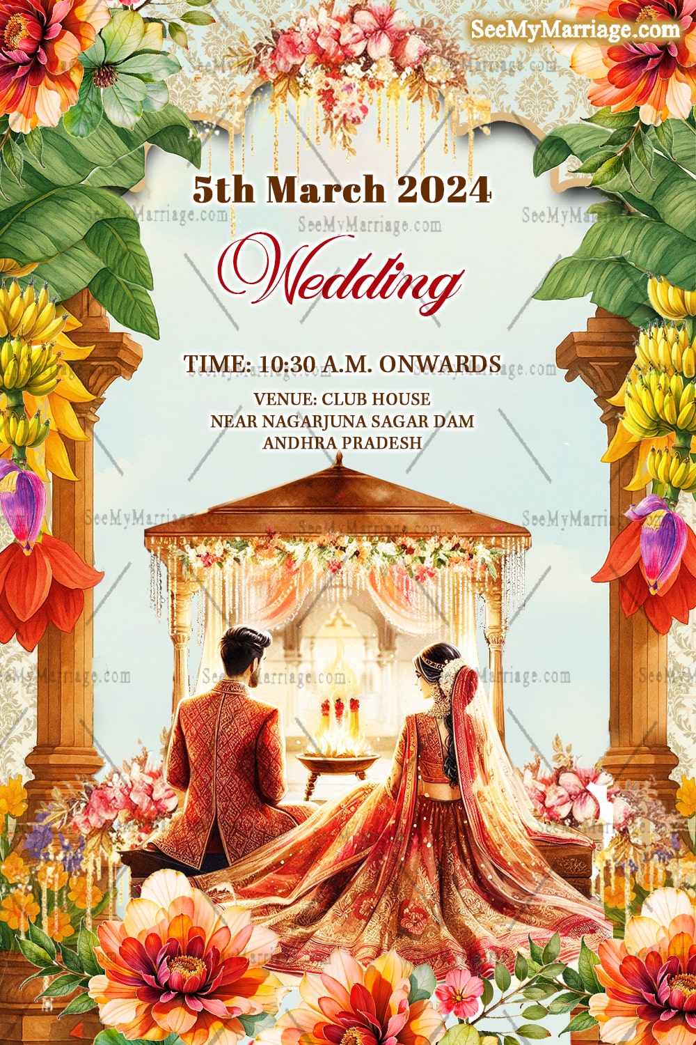 Royal South Indian Wedding Invitation Card Set with Event, Bride-Groom Illustrations & Floral Decor