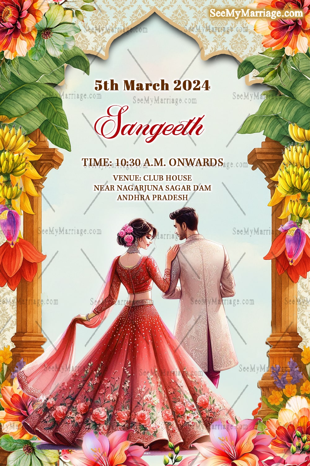 Royal South Indian Wedding Invitation Card Set with Event, Bride-Groom Illustrations & Floral Decor