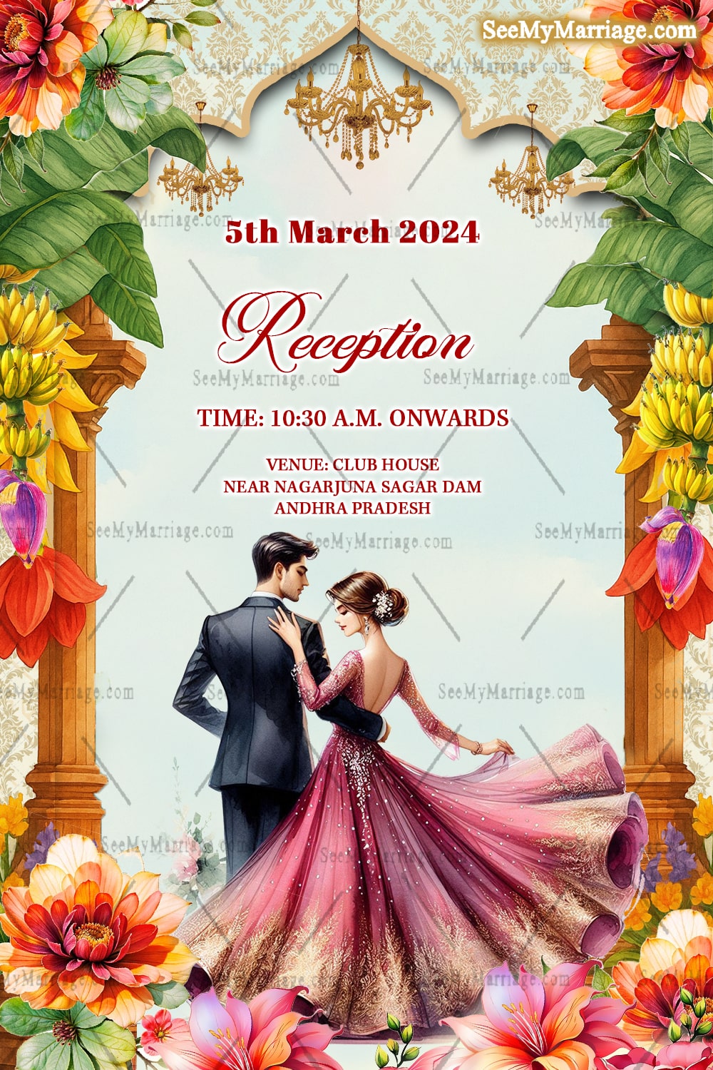 Royal South Indian Wedding Invitation Card Set with Event, Bride-Groom Illustrations & Floral Decor
