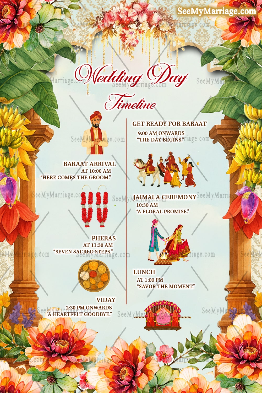Royal South Indian Wedding Invitation Card Set with Event, Bride-Groom Illustrations & Floral Decor