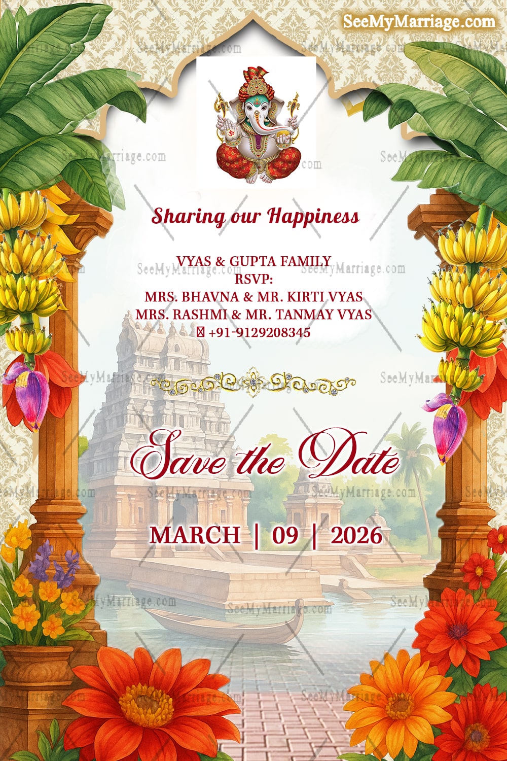 Royal South Indian Wedding Invitation Card Set with Event, Bride-Groom Illustrations & Floral Decor