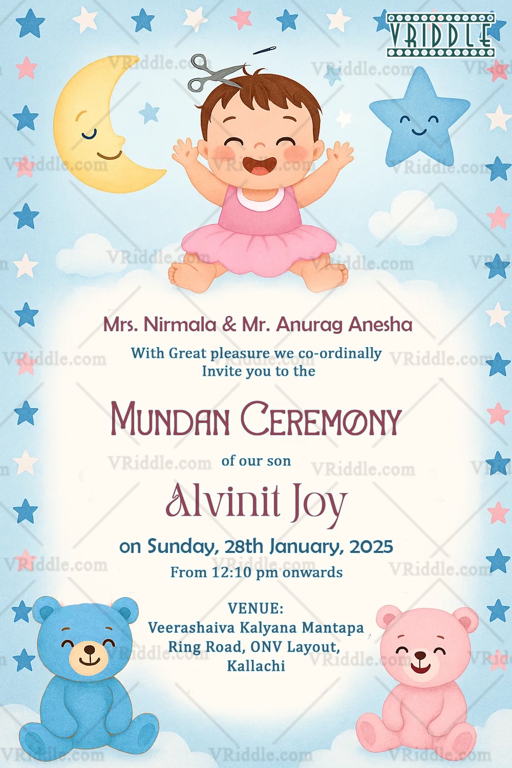 Adorable Mundan Ceremony Invitation with Moon Stars and Teddy Bear Baby Girl Theme