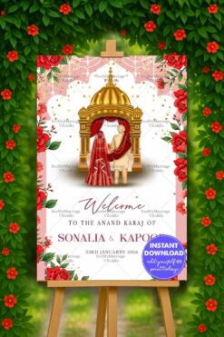 Anand Karaj Welcome Sign Board with Traditional Couple, Red Floral Theme & Golden Mandap