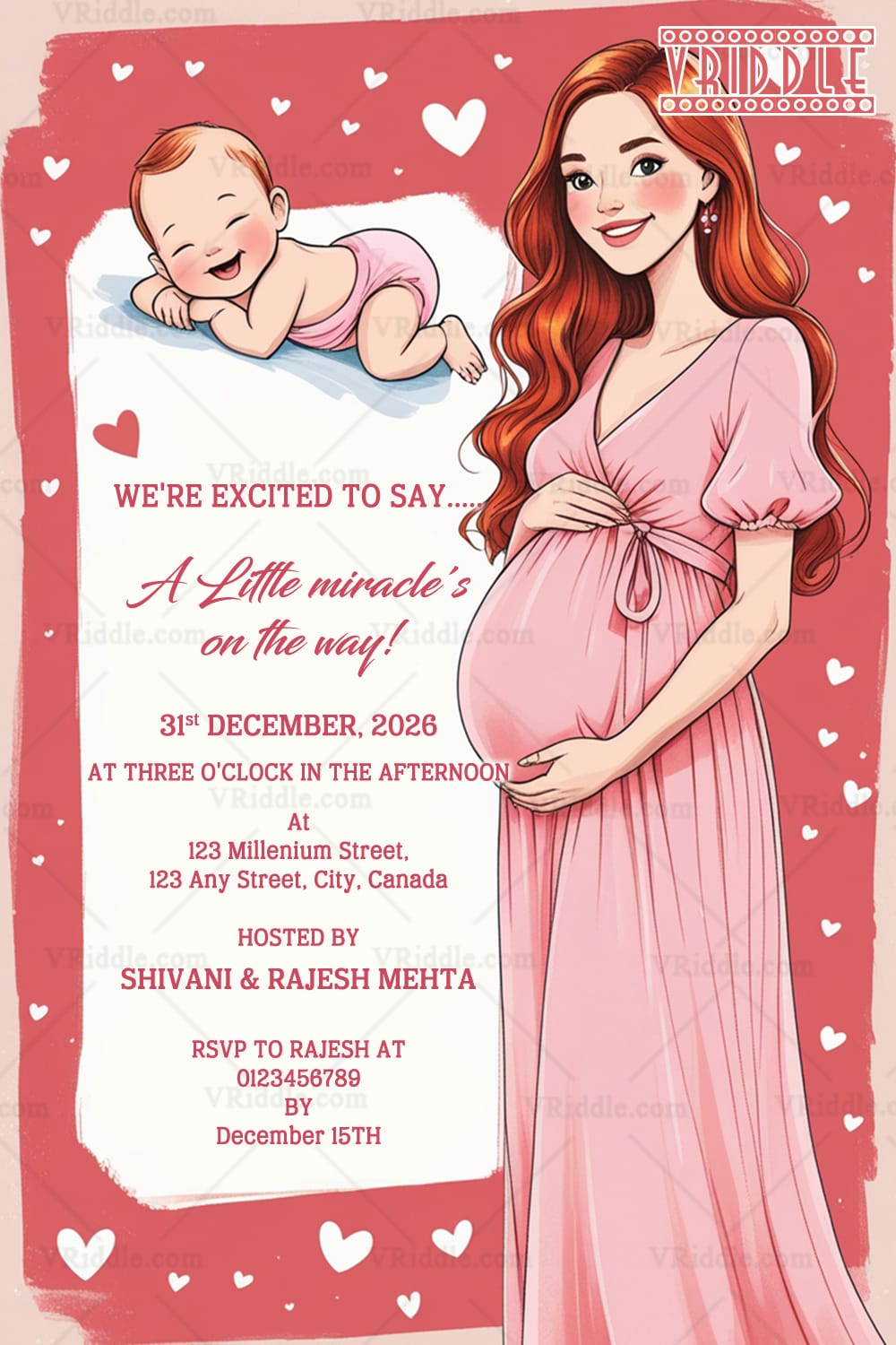 Baby Cartoon and Mom Pregnancy Announcement Card with Soft Pink Theme and White Hearts