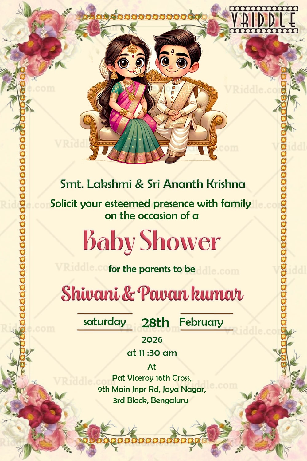 Classic Floral Traditional Baby Shower Invitation with Seated Couple Illustration in Cream Theme