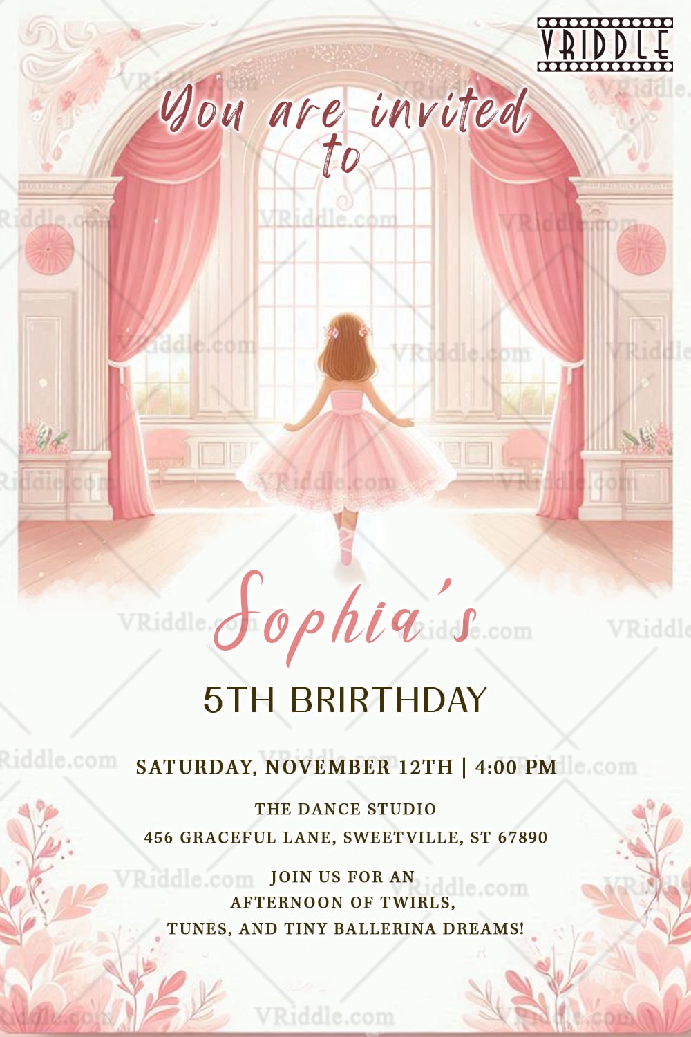 Ballerina Birthday Invitation with Dreamy Pink Theme and Little Girl Illustration