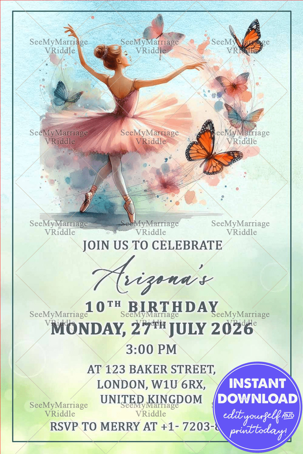 Ballerina and Butterfly Birthday Party Invitation Card with Dance Position