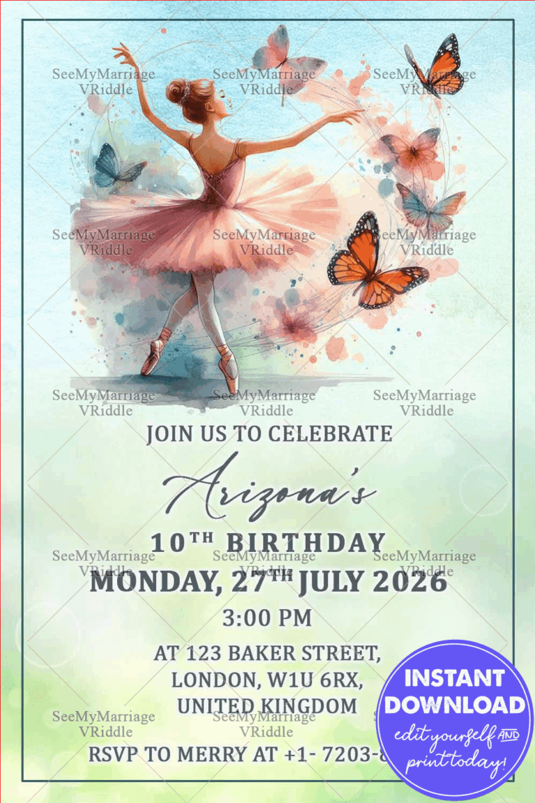 Ballerina and Butterfly Birthday Party Invitation Card with Dance Position