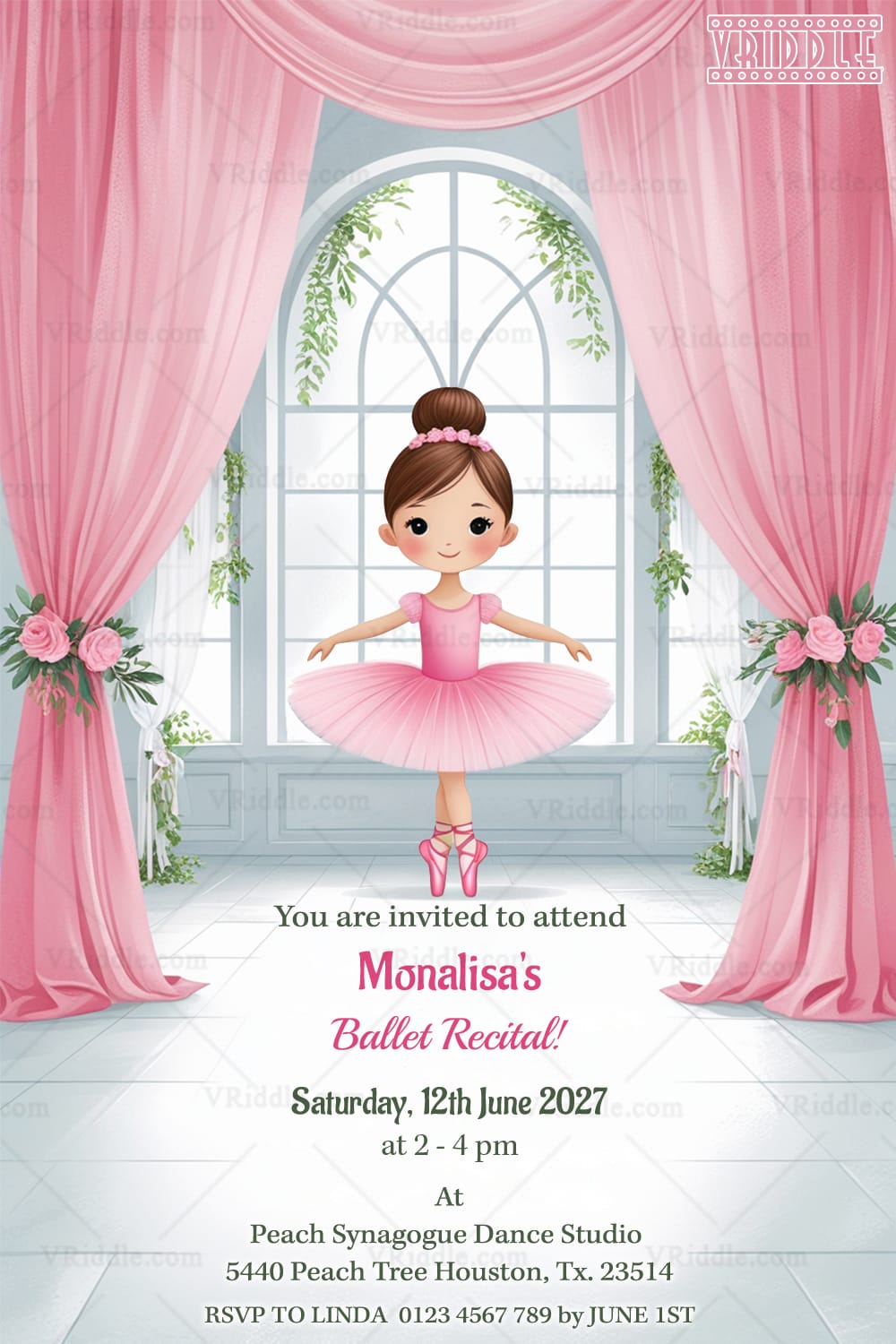 Ballet Recital Invitation Card with Cute Girl Dance Pink Tutu and Floral Curtains