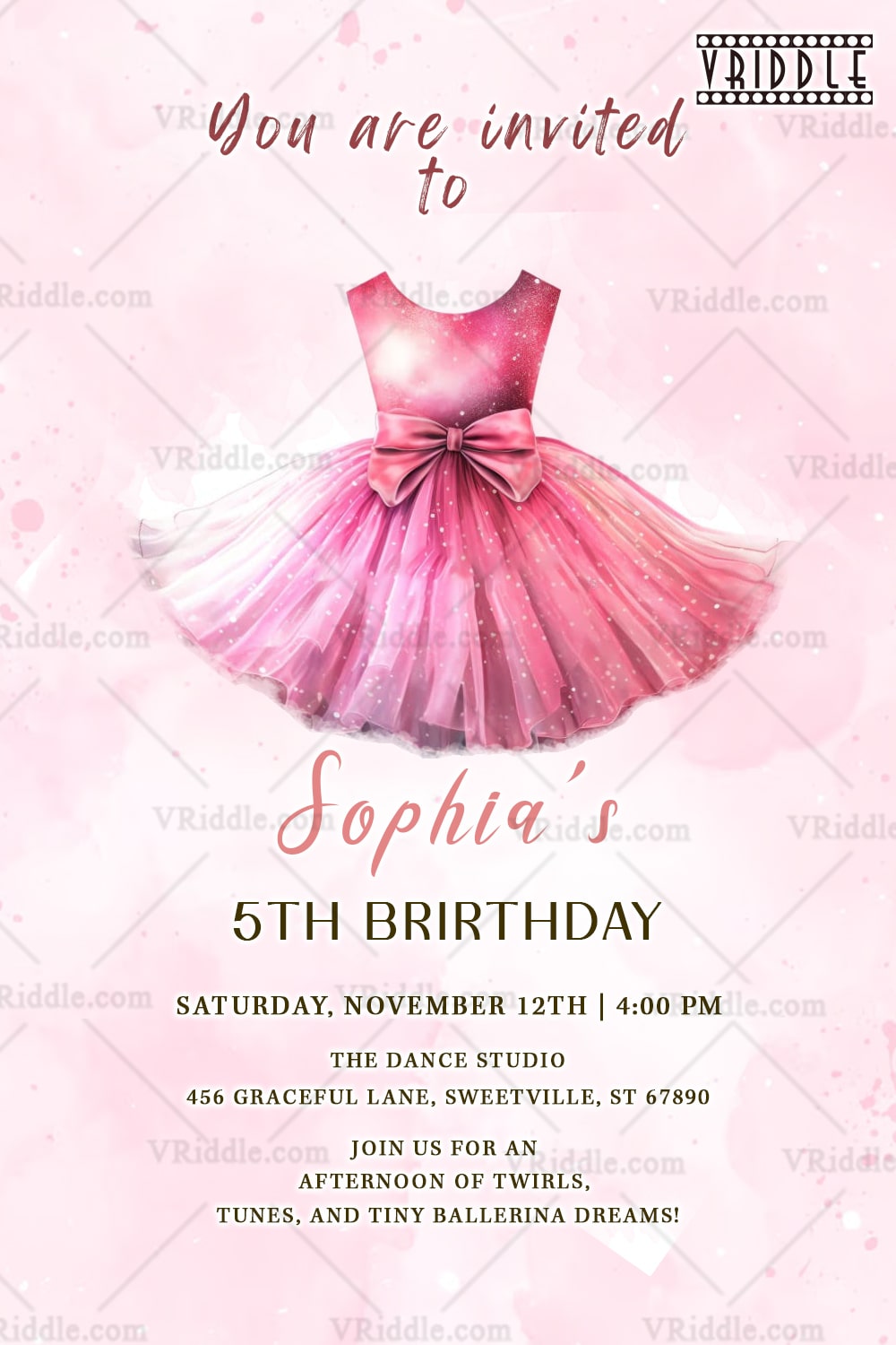 Graceful Ballet-Inspired Birthday Invitation with Pink Gown Illustration for a Little Girl’s